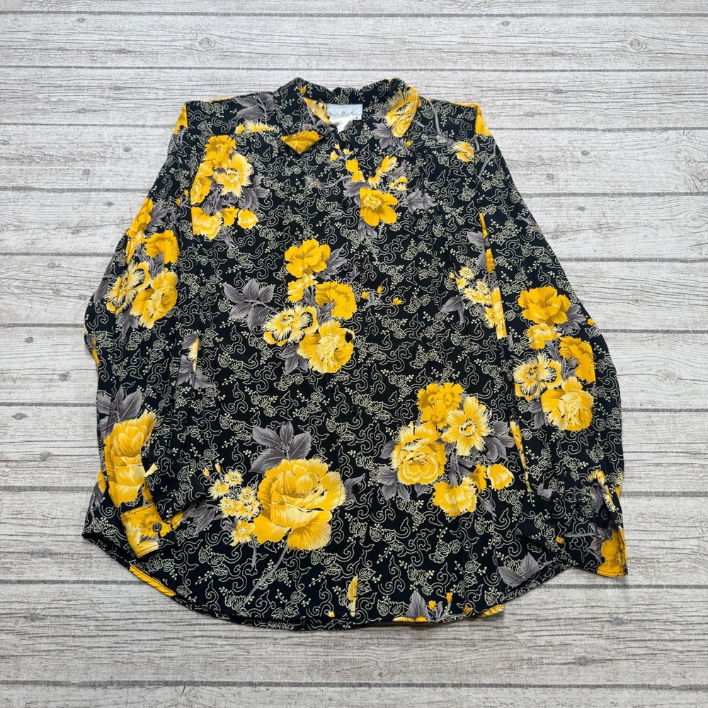 Vintage Como Shirt Women's 6 Black Yellow Floral Rayon Button Down Long Sleeve